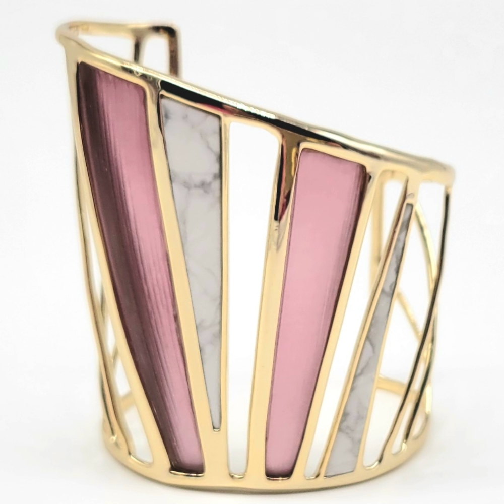 Alexis Bittar Pink Lucite and Marble Glass Open Gold Cage Cuff Bracelet